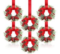 Mini Christmas Wreaths for Cabinet, Artificial Snowy Cedar Garland with Bows Ribbon, Small Xmas Hanging Wreath for Kitchen Cabinets, Windows, Doors, Holiday Decor (B)