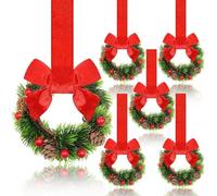 Mini Christmas Wreaths for Cabinet, Artificial Snowy Cedar Garland with Bows Ribbon, Small Xmas Hanging Wreath for Kitchen Cabinets, Windows, Doors, Holiday Decor (G)