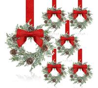 Mini Christmas Wreaths for Cabinet, Artificial Snowy Cedar Garland with Bows Ribbon, Small Xmas Hanging Wreath for Kitchen Cabinets, Windows, Doors, Holiday Decor (C)
