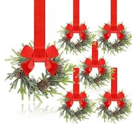 Mini Christmas Wreaths for Cabinet, Artificial Snowy Cedar Garland with Bows Ribbon, Small Xmas Hanging Wreath for Kitchen Cabinets, Windows, Doors, Holiday Decor (F)