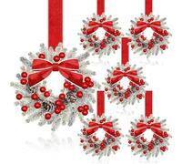 Mini Christmas Wreaths for Cabinet, Artificial Snowy Cedar Garland with Bows Ribbon, Small Xmas Hanging Wreath for Kitchen Cabinets, Windows, Doors, Holiday Decor (D)