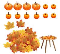 Mini Citrouilles Décoratives + Lot de 12 Citrouilles Mousse + Feuilles Érables Artificielles 100 Pièces + 3 Tailles + Orange Automne