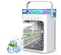 Mini climatiseur portable 4 en 1 avec réservoir d'eau de 1000 ml, 3 vitesses, 2 modes de brume, minuterie 2/4/8h, lumière ambiante, ventilateur de refroidissement par évaporation USB pour chambre à