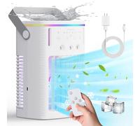 Mini climatiseur portable : capacité d'eau de 1600 ml, 3 vitesses de ventilateur réglables, système de refroidissement par évaporation, LED 7 couleurs et fonction minuterie (2/4/8H) - Idéal pour les