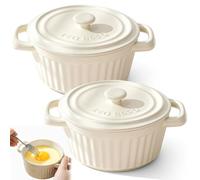 Mini cocotte avec couvercle, petit plat à gratin en porcelaine avec poignées, en céramique, petits ramequins à gratin pour lasagnes, soufflé, four, micro-ondes et lave-vaisselle (blanc-L-2 pièces)