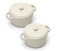 Mini cocotte avec couvercle, plat à gratin en céramique avec poignées et couvercle, petits plats ronds pour lasagnes, soufflés, crèmes brûlées, desserts, pour micro-ondes et four (blanc, L- 400ml-2pc)
