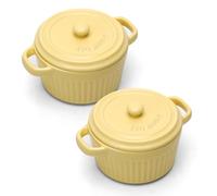 Mini cocotte avec couvercle, plat à gratin en céramique avec poignées et couvercle, petits plats ronds pour lasagnes, soufflés, crèmes brûlées, desserts, pour micro-ondes et four (jaune, L- 400ml-2pc)