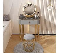 Mini coiffeuse compacte éclairée avec miroir LED réglable pour petites chambres à coucher, rangement de maquillage, design moderne, parfait pour un espace limité