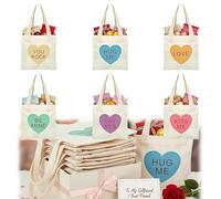 Mini Conversation Heart Canvas Bags,6/12 PCS Adorable Reusable Heart Canvas Tote Bags,Love Messages Valentines Gift Bag (6PCS)