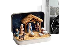 Mini crèche 3D fabriquée à la main | Figurines Jésus en résine dans une boîte en métal - Décoration de Noël Naissance de Jésus pour salon, chambre à coucher, cheminée, bureau, salle de classe, groupes