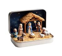 Mini crèche de Noël dans une boîte en fer blanc, ensemble de crèche de Noël, ornement de poche portable pour la naissance de Jésus, Ornements De Figurines De Mouton Et De Jésus De La Sainte Famille