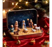 Mini crèche de Noël dans une boîte en métal, boîte cadeau de crèche de poche artisanale, figurines Carry L’histoire de Noël avec des moutons de la Sainte Famille en résine et Jésus pour les amis