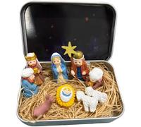 Mini crèche de Noël dans une boîte en métal, ensemble de crèche de poche portable avec figurines 3D en résine Sainte Famille et Jésus, petite décoration de crèche de Noël pour bureau, étagère, maison