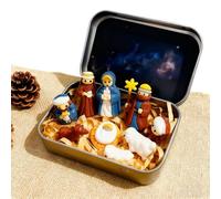 Mini crèche de Noël dans une boîte en métal, portable, taille de poche, scène de crèche, figurines de décoration, portez l'histoire de Noël avec résine Sainte Famille Mouton (argent A)