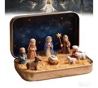 Mini crèche de Noël dans une boîte en métal - Scène de crèche de Noël - Portable - Taille de poche - Figurines de décoration - Résine 3D - Mini religieux - Sainte Famille - Figurines Jésus