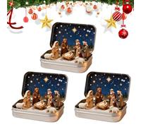 Mini Crèche Noël dans Boîte Métal, 3 Set Crèche Poche Portable, Coffret Cadeau Artisanal De Nativité, Emportez L'histoire De Noël avec Sainte Famille & Moutons & Jésus en Résine
