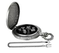 Mini Dice Set - 6.5cm Pocket Watch Dice Box Dragon Pattern | 7 Piece Zinc Alloy Metal Polyhedral Dīce | Role Playing Board Game Accessory for RPG | 60g Chain 38cm