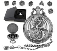 Mini DND Cube Set de 7 dés polyédraux en métal D&D, boîtier montre de poche avec cube numérique au milieu, avec roue dentée creuse, jeu de société de rôle, cadeaux D&D (argent foncé)
