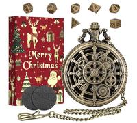 Mini DND Lot de Dés avec Engrenage Creux Steampunk Montre de Poche Boîtier Coquillage, 7 Pièces D&D en Métal Polyédrique, Cadeaux DND avec Boîte Cadeau de Noël, Accessoires de Jeu de Société, Bronze