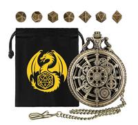 Mini DND Lot de Dés, Boîtier de Montre de Poche Engrenage Creux Steampunk, 7 Dés en Métal Polyédrique D&D, Cadeaux DND avec Logo Dragon Sac Cadeau, Jeu de Rôle, Accessoires de Jeux de Société, Bronze