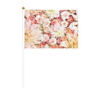 Mini drapeaux à main à imprimé floral blanc 14 x 20,8 cm | 100 % polyester résistant à la déchirure, couleurs vives qui ne se décolorent pas, lot de 6/10, mât réutilisable de 30 cm