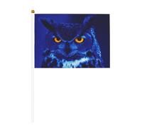 Mini drapeaux à main avec imprimé hibou bleu 14 x 20,8 cm | 100 % polyester résistant à la déchirure, couleurs vives qui ne se décolorent pas, lot de 6/10, mât réutilisable de 30 cm