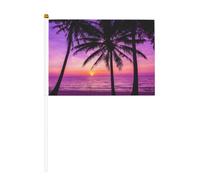 Mini drapeaux à main imprimés silhouette de palmiers au coucher du soleil | 100 % polyester résistant à la déchirure, couleurs vives qui ne se décolorent pas, lot de 6/10, mât réutilisable de 30 cm