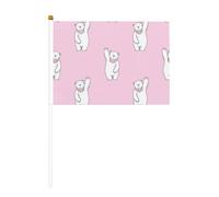 Mini drapeaux à main ours polaire rose 14 x 20,8 cm | 100 % polyester résistant à la déchirure, couleurs vives qui ne se décolorent pas, lot de 6/10, mât réutilisable de 30 cm