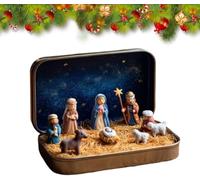 Mini Ensemble de Noël dans Une boîte de Conserve,Ensemble décoration de scène Poche Portable,transportez l'histoire Noël avec Moutons de la Sainte Famille résine Figurines pour Les Amis,1Pcs