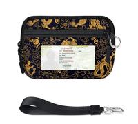 Mini étui à cartes à fermeture éclair pour homme et femme avec fenêtre pour carte d'identité, portefeuille chinois vintage dragon portable léger avec fermeture éclair