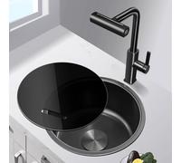 Mini Evier Cuisine Rond Moderne avec Robinet, Evier Inox 1 Bac à Une Cuve, Installation Sur Ou Sous la Table