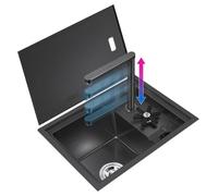 Mini évier de cuisine, évier de bar caché à cuve unique avec rondelle de tasse et robinet de levage, design peu encombrant pour un usage domestique et commercial, petit évier pratique