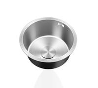 Mini évier de cuisine rond en acier inoxydable - Bol simple de 38 cm avec trop-plein et égouttoir à encastrer et montage sur le dessus - Kit complet de vidage et fixations - Évier compact argenté pour