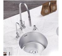 Mini évier rond de cuisine, en acier inoxydable, à une cuve, argenté, avec trop-plein et accessoires multiples, idéal pour camping-car, bar ou restaurant. Installation sous plan ou sur plan.