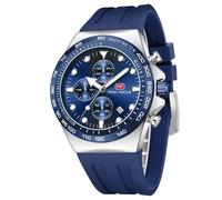 Mini Focus Montre bracelet unique creux décontracté pour homme (chronographe/étanche/lumineuse/calendrier/24 heures) Bracelet en silicone tendance, Bleu/argenté