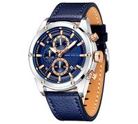 Mini Focus Montre pour homme d'affaires décontractée (multifonction/étanche/lumineuse/calendrier) Bracelet en cuir véritable Montre tendance pour homme, bleu, Medium 22mm, Bleu garçon
