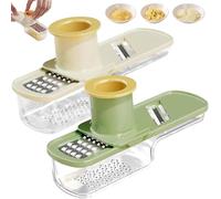 Mini hachoir à ail et mandoline - Hachoir à légumes 3 en 1 avec récipient et protection de sécurité, râpe à gingembre portable et outil de coupe pour cuisine, camping et pique-nique (vert + blanc)