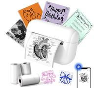 Mini imprimante Autocollant avec 3 Rouleaux de Papier Autocollant, Bluetooth Mini imprimante Thermique Portable Q02E pour Notes d'étude, Photos, création, diagrammes anatomiques, Cadeau (Blanc)