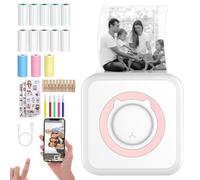 Mini Imprimante de Poche 13 Rouleaux de Papier,Mini imprimante Bluetooth Imprimante Photo Portable avec Batterie Rechargeable et câble USB Compatible Android & iOS pour Notes,rappels,Agenda (Rose)