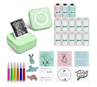 Mini imprimante - Machine d'autocollants portables avec 14 rouleaux de papier thermique autocollant, machine à étiqueter sans encre pour étude, anatomie, graphique, photos, adresse, vert