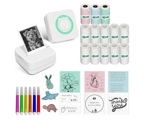Mini imprimante - Machine d'autocollants portables avec 14 rouleaux de papier thermique collant, machine d'étiquetage sans encre pour étude, anatomie, graphiques, photos, adresse, vert