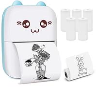 Mini imprimante portable de poche Bluetooth sans encre thermique avec 5 rouleaux de papier d'impression, imprimante intelligente sans fil avec Android ou iOS, pour photos étiquettes codes étude (bleu)