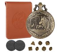 Mini Jeu de Dés DND, avec Coquille de Montre de Poche Steampunk Loup, 7 Pièces Métal Polyédrique D&D Dés, Cadeaux DND avec Sac en Cuir, Accessoires de Jeux de Société et Jeu de Rôle, Bronze