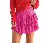 Mini jupe à paillettes pour femme - Taille haute - Jupe de carnaval - Jupon à sequins - Tenue rave - Costume de carnaval des années 50 - Rockabilly - Costume de danse, Rose vif, M