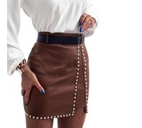 Mini Jupe Courte Sexy Femmes PU Cuir Mini Jupe Taille Haute Strass Split Moulante Crayon Jupe Clubwear L Marron
