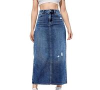 Mini jupe d'hiver pour femme - Jupe en jean mi-longue avec trous de taille moyenne - Jupe en jean mi-longue - Jupe d'été pour femme, bleu, L