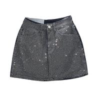 Mini jupe en jean pour femme avec strass - Taille haute - Style trapèze - Luxe - Pour printemps, Noir , 40