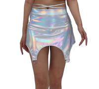 Mini jupe extensible métallisée courte effet mouillé sexy taille haute enveloppant en cuir synthétique jupe crayon moulante disco steampunk jupe de soirée club, O gris clair, M