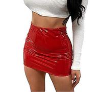 Mini jupe sexy en cuir pour femme - Taille haute - Effet mouillé - Stretch - Jupe courte - Jupe crayon - Pour fête - Clubwear, rouge, S