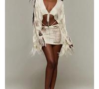 Mini-jupe tricotée transparente avec découpes et ceinture à nouer, effet usé (bas uniquement) ; vacances d'été, style bohème pour festival, souvenir de l'île d'Ibiza L,M,S,XL,XSUnicoloreTricots